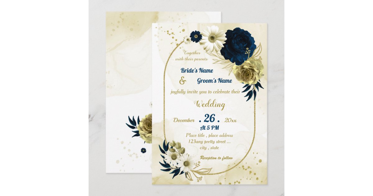 Navy blue ivory gold floral geometric wedding invitation | Zazzle