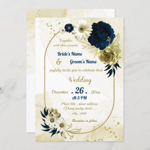 Navy blue ivory gold floral geometric wedding invitation