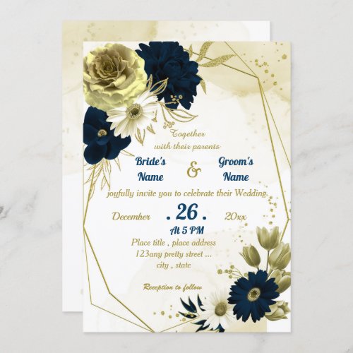 Navy blue ivory gold floral geometric wedding invitation