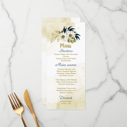 Navy blue ivory gold floral wedding menu