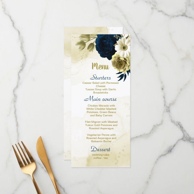 Navy blue ivory gold floral wedding menu (Front/Back In Situ)