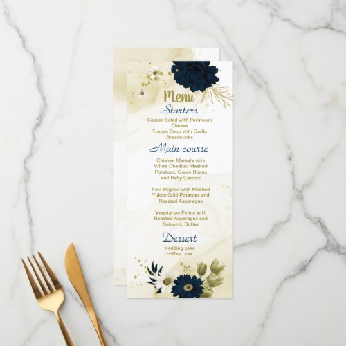 Navy blue ivory gold floral wedding menu