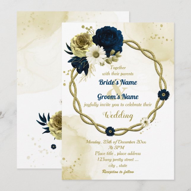 Navy blue ivory gold floral wreath wedding invitation (Front/Back)