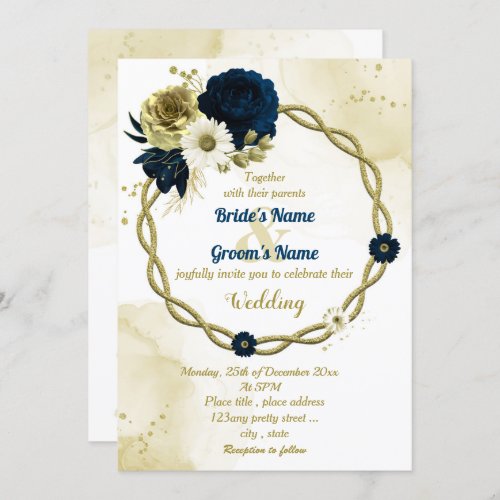 Navy blue ivory gold floral wreath wedding invitation