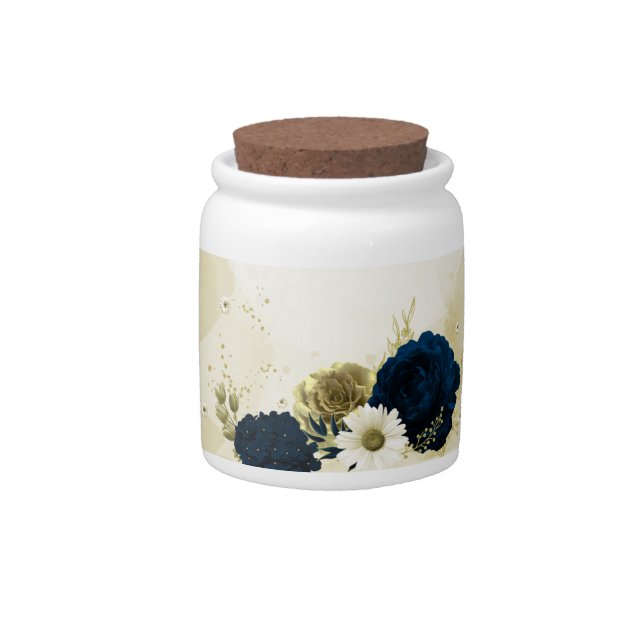 navy blue ivory gold flowers  candy jar (Front)