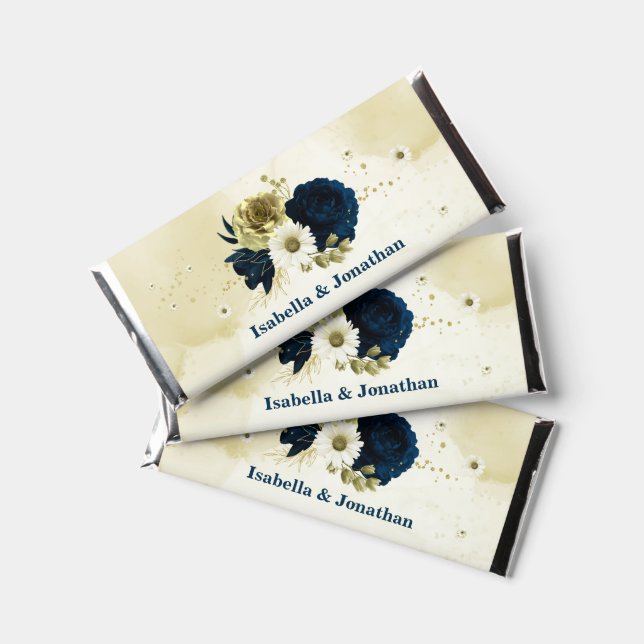 navy blue ivory gold flowers  hershey bar favors (Front)