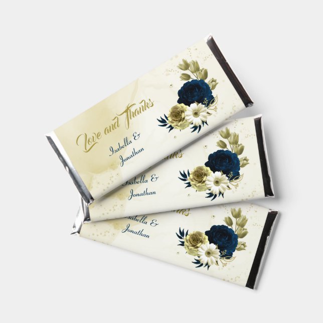navy blue ivory gold flowers  hershey bar favors (Front)