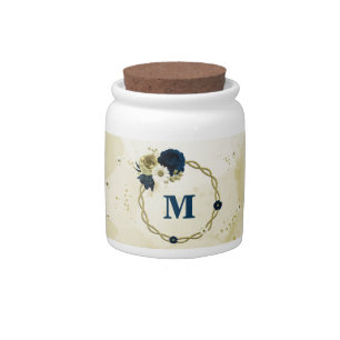 navy blue ivory gold flowers monogram candy jar