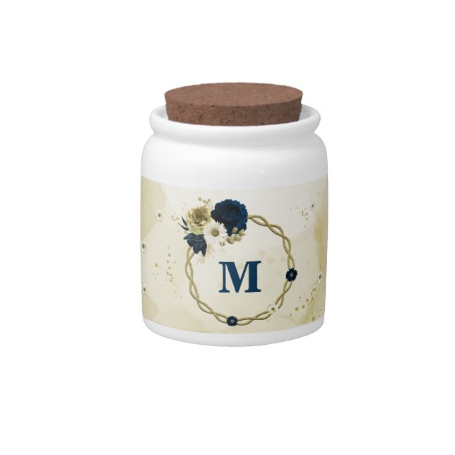 navy blue ivory gold flowers monogram candy jar (Front)