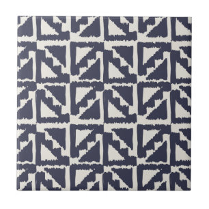 Navy Blue Ivory Tribal Print Ikat Triangle Pattern Ceramic Tile