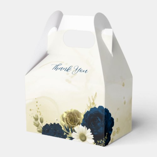 navy blue ivory white and gold flowers wedding favor boxes