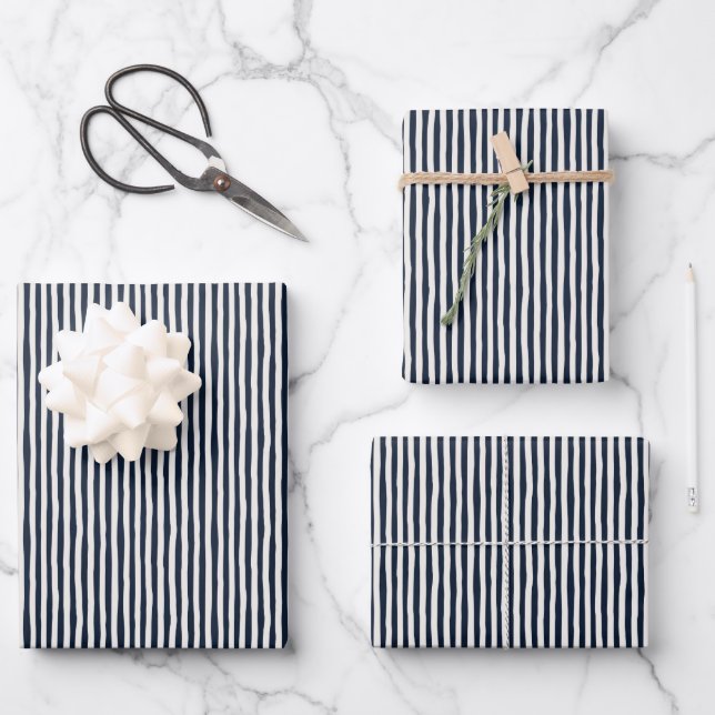 Navy Blue & Ivory Wonky Stripes Wrapping Paper Sheets (Front)