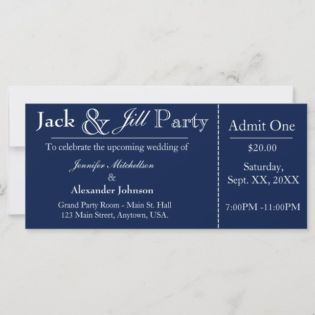 Navy Blue Jack and Jill Shower Ticket Invitation (Front)