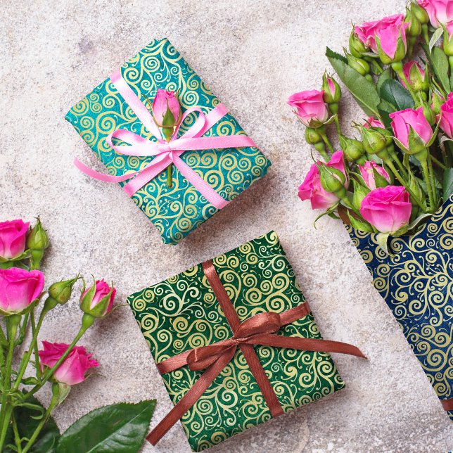 Navy Blue Jade Green Teal Gold Swirls Pattern Boho Wrapping Paper Sheets (Creator Uploaded)