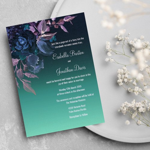 Navy Blue Jade Ombre Lavender Floral Wedding Invitation