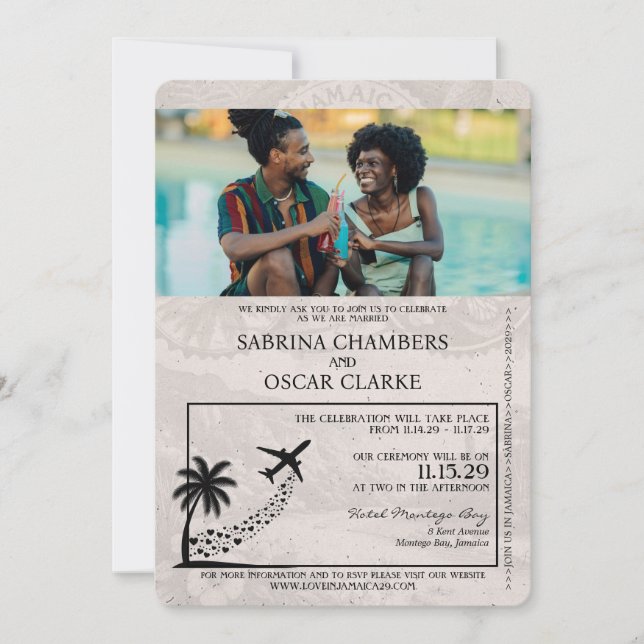Navy Blue Jamaica Passport Wedding Invitation (Front)