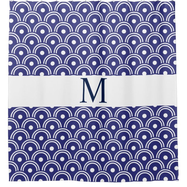 Navy Blue Japanese Pattern Monogram Shower Curtain (Front)