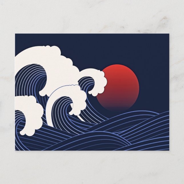 Navy Blue Japanese Wave with Red Moon Drawing Postcard (Front)