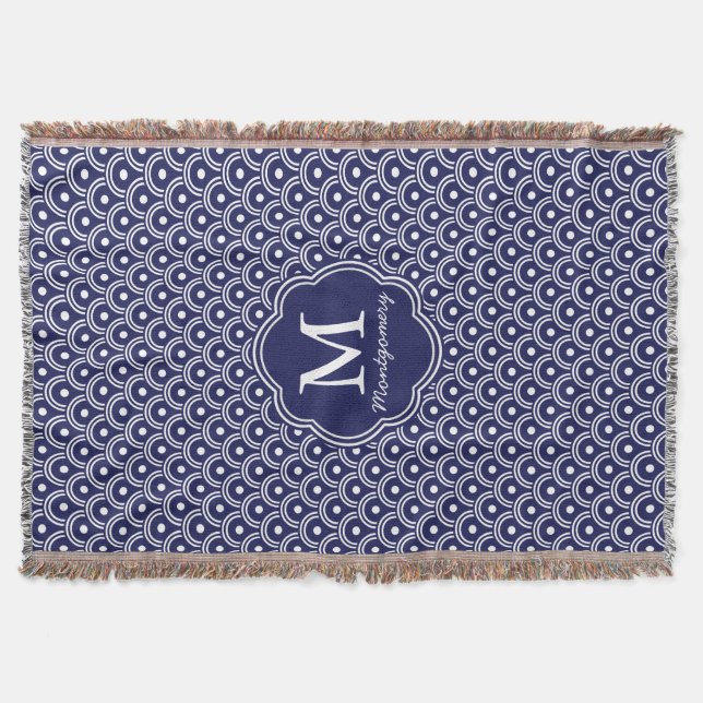 Navy Blue Japanese Waves Pattern - Personalized Throw Blanket (Front)