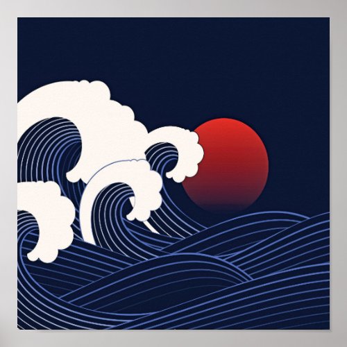 Navy Blue Japanese Waves with Red Moon Drawing Poster