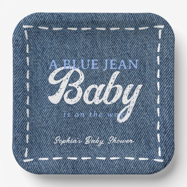 Navy Blue Jean Baby Boy Baby Shower Paper Plates (Front)
