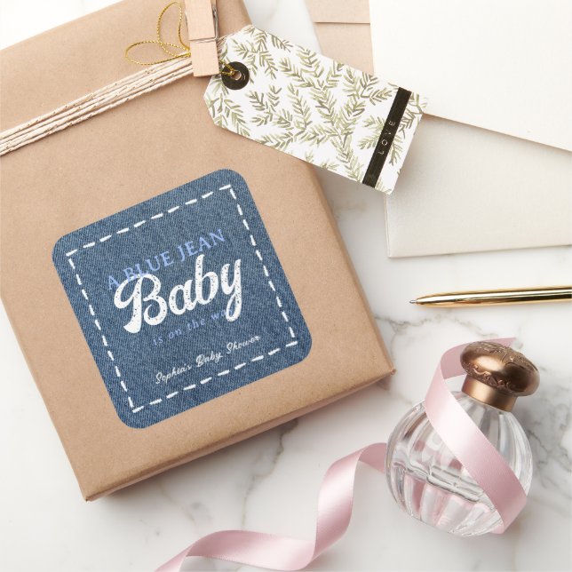Navy Blue Jean Baby Boy Baby Shower Square Sticker (Gifting)
