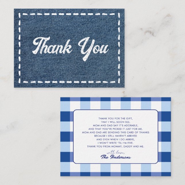 Navy Blue Jean Baby Boy Baby Shower Thank You Note Card (Front/Back)