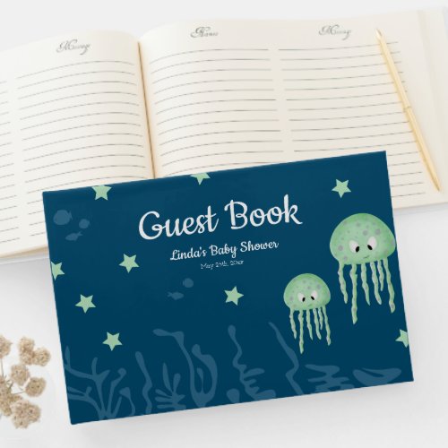 Navy Blue Jellyfish Gender Neutral Baby Shower Guest Book