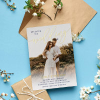 Navy Blue Join Us Gold Script Photo Wedding