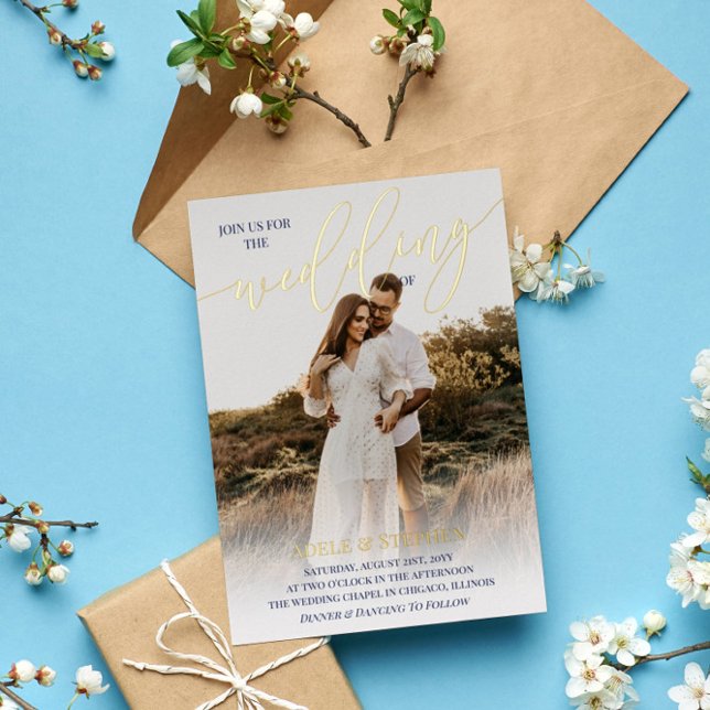 Navy Blue Join Us Gold Script Photo Wedding Foil Invitation (Creator Uploaded)