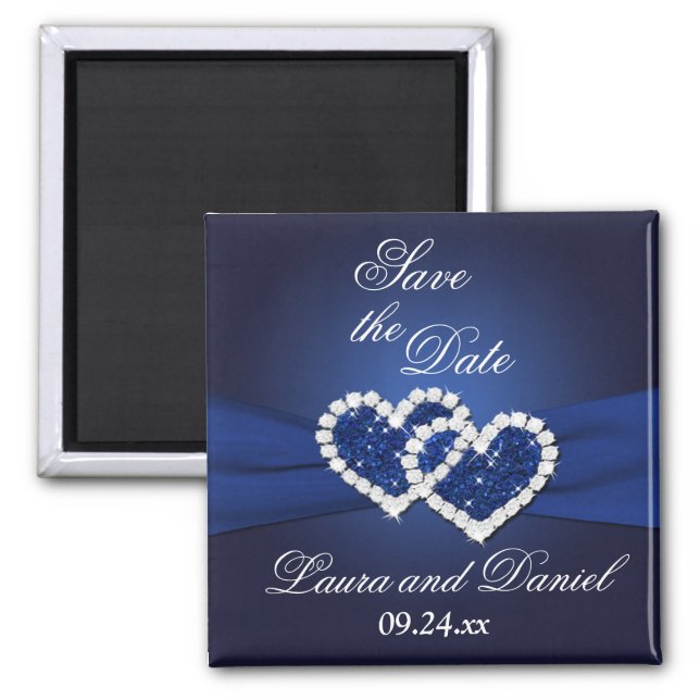Navy Blue Joined Hearts Save the Date Magnet (Front)