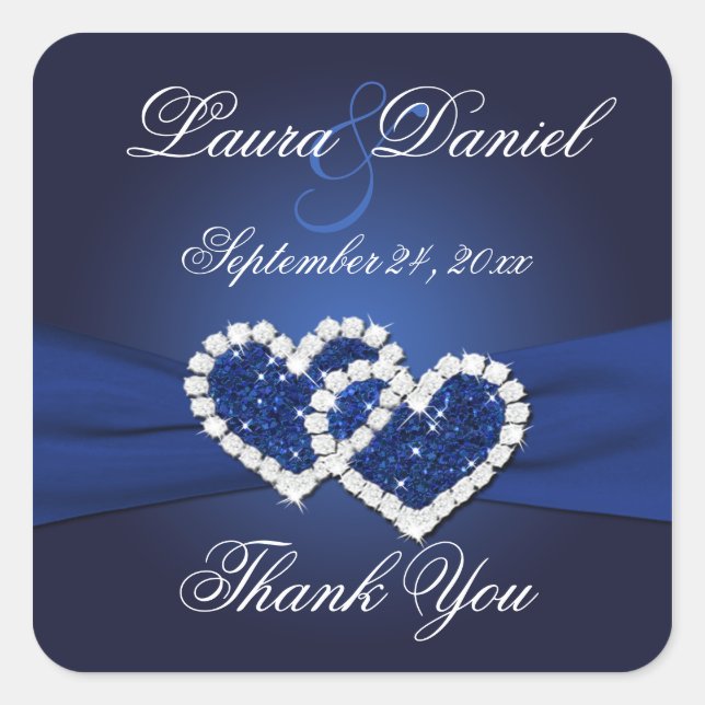 Navy Blue Joined Hearts Wedding Favor Sticker (Front)