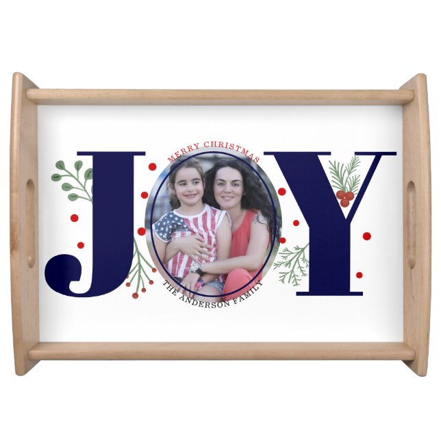 Navy blue Joy and berries Christmas holiday photo Serving Tray (Front)
