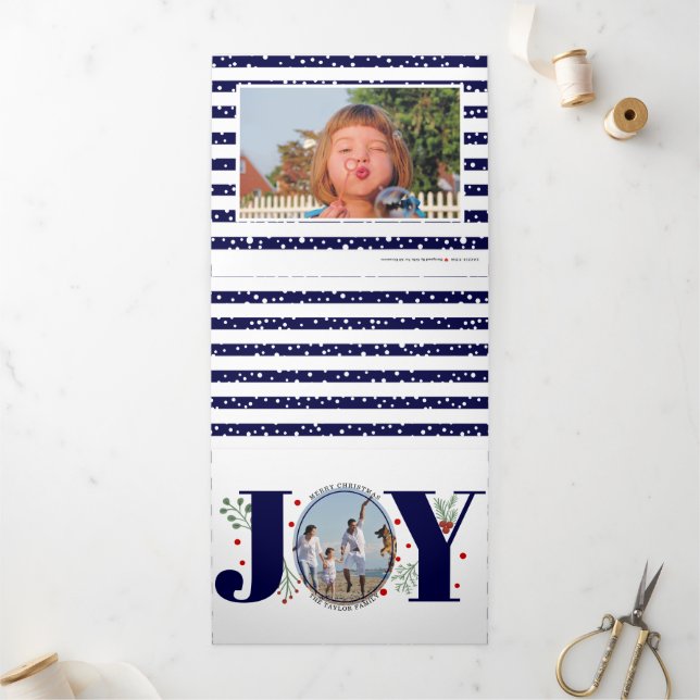 Navy blue joy and berries Christmas holiday photo Tri-Fold Holiday Card (Outside)