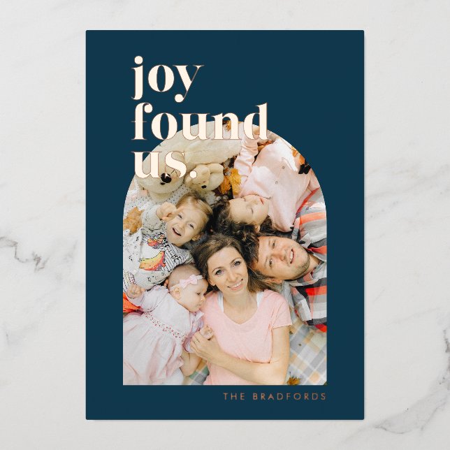 Navy Blue Joy Found Us Arched Photo Foil Holiday Card (Front)