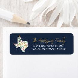 Navy Blue Joy Holiday Leaves Texas Shape Label