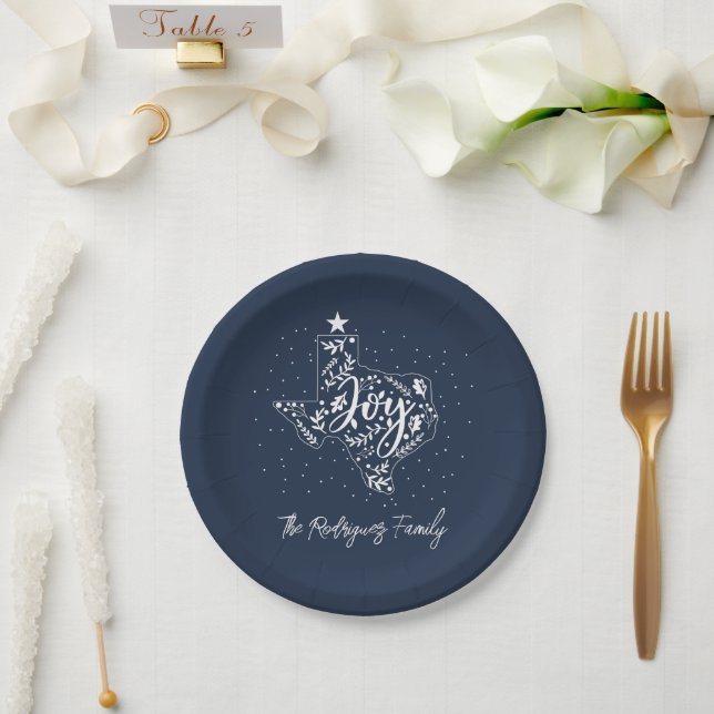 Navy Blue Joy Holiday Leaves Texas Shape Paper Plates (Wedding)
