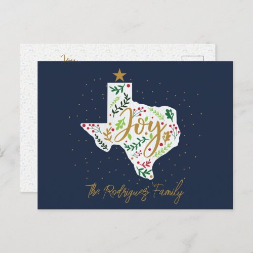 Navy Blue Joy Holiday Leaves Texas Shape Postcard