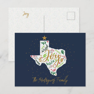 Navy Blue Joy Holiday Leaves Texas Shape Postcard