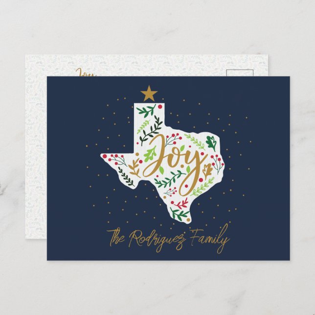Navy Blue Joy Holiday Leaves Texas Shape Postcard (Front/Back)