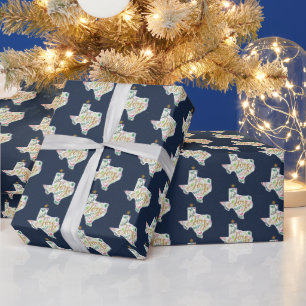 Navy Blue Joy Holiday Leaves Texas Shape Wrapping Paper