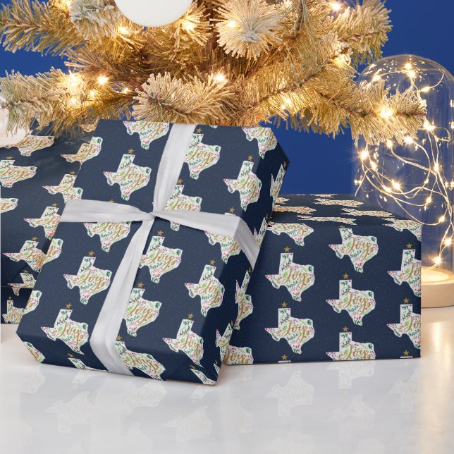 Navy Blue Joy Holiday Leaves Texas Shape Wrapping Paper (Holidays)