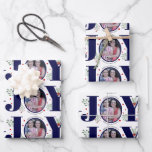 Navy blue Joy with berries Christmas holiday photo Wrapping Paper Sheets<br><div class="desc">Navy blue Joy with berries Christmas holiday photo Wrapping Paper Sheets. It showcases a pattern of the word "JOY" in blue with red berries and greenery while instead of the letter "O" there is your photo.</div>