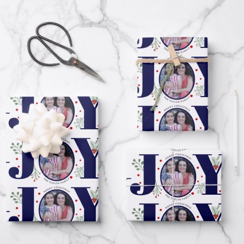Navy blue Joy with berries Christmas holiday photo Wrapping Paper Sheets