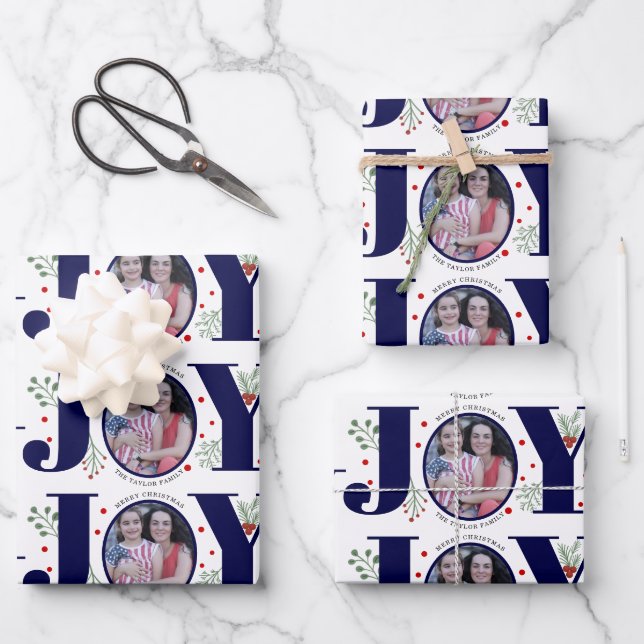 Navy blue Joy with berries Christmas holiday photo Wrapping Paper Sheets (Front)