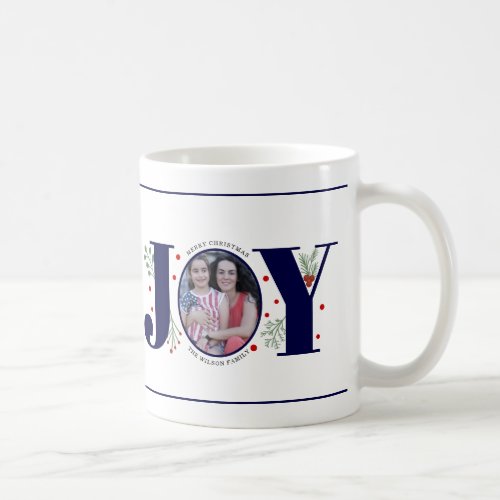 Navy blue Joy with berries Christmas photo Coffee Mug