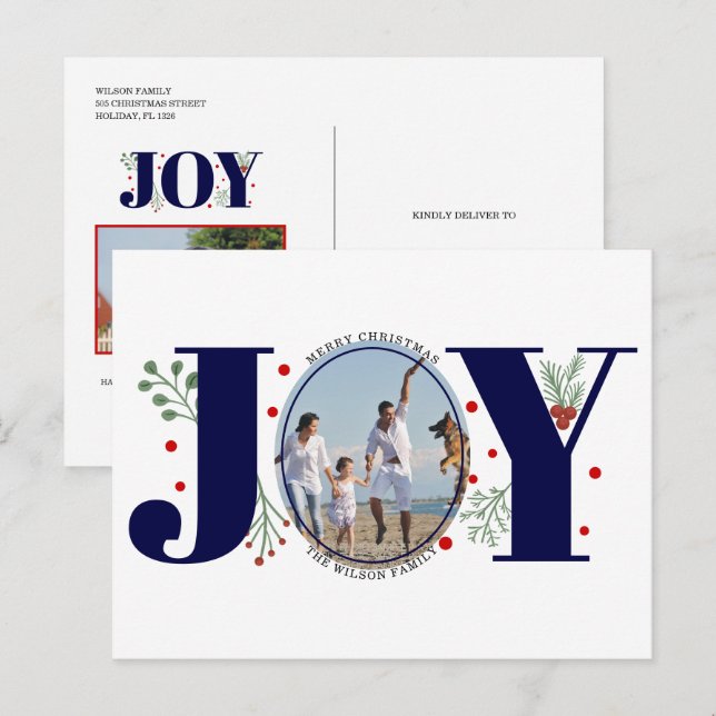 Navy blue Joy with berries Christmas photo Holiday Postcard (Front/Back)