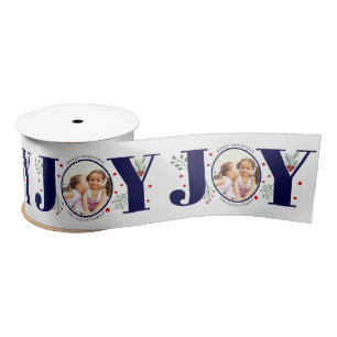 Navy blue Joy with berries Christmas photo Satin Ribbon