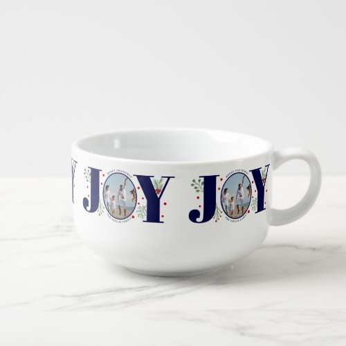 Navy blue Joy with berries Christmas photo Soup Mug