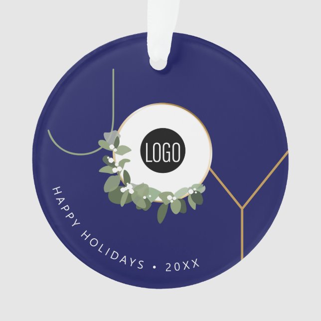 Navy Blue JOY Wreath Happy Holidays Logo Promo Ornament (Front)